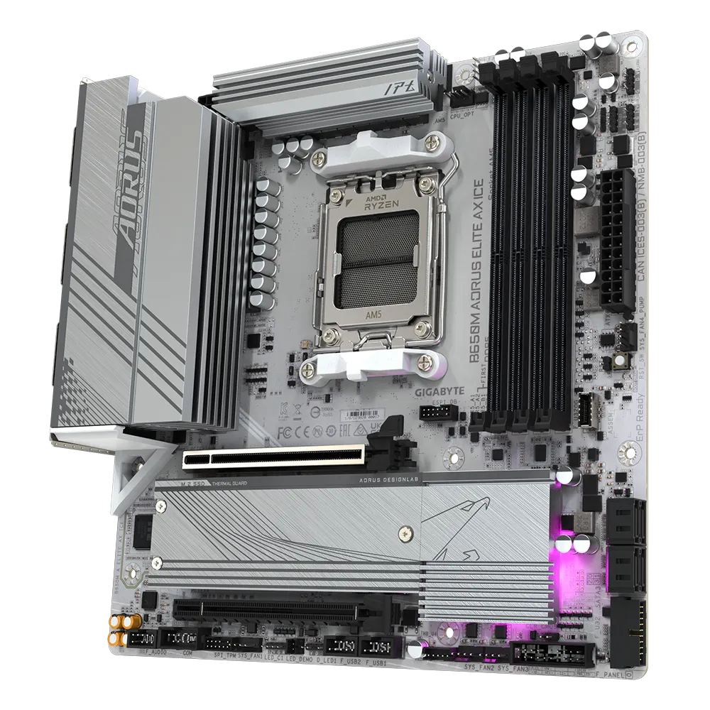 A large main feature product image of EX-DEMO Gigabyte B650M AORUS ELITE AX ICE AM5 mATX Desktop Motherboard