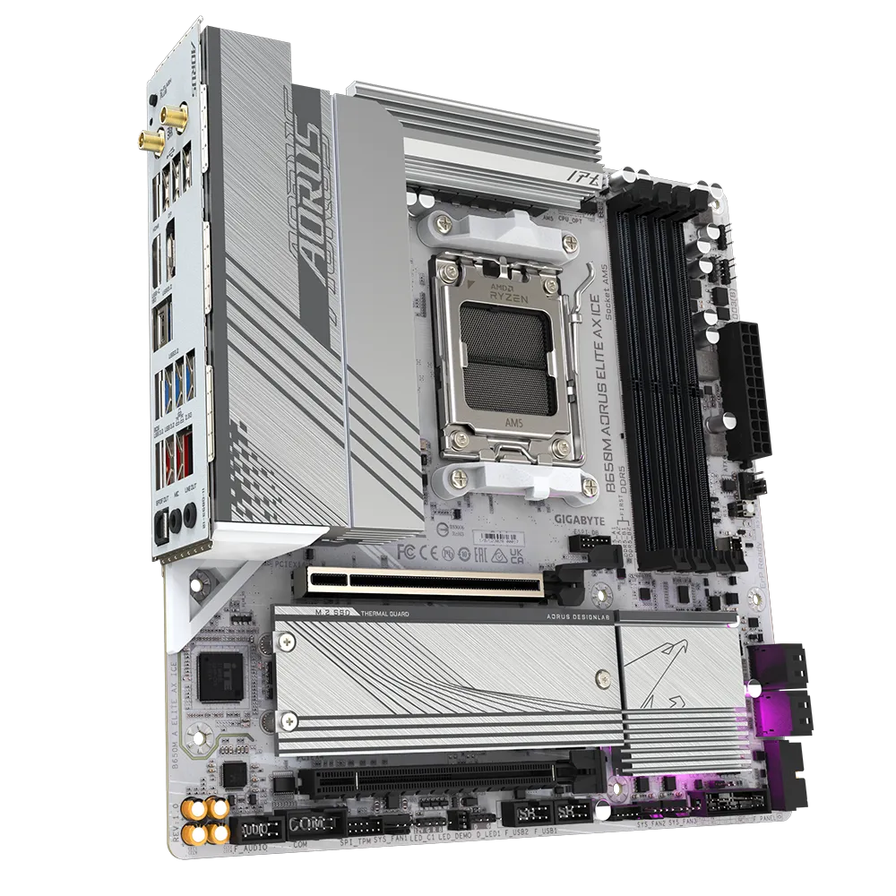 A large main feature product image of EX-DEMO Gigabyte B650M AORUS ELITE AX ICE AM5 mATX Desktop Motherboard