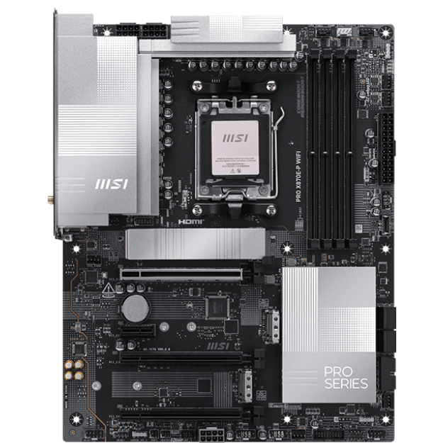 A large main feature product image of MSI PRO X870E-P WiFi AM5 ATX Desktop Motherboard