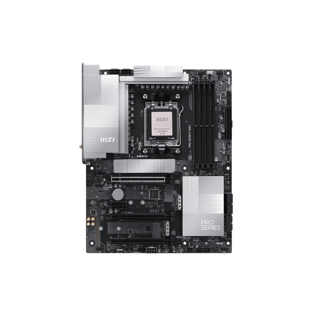 A large main feature product image of MSI PRO X870E-P WiFi AM5 ATX Desktop Motherboard