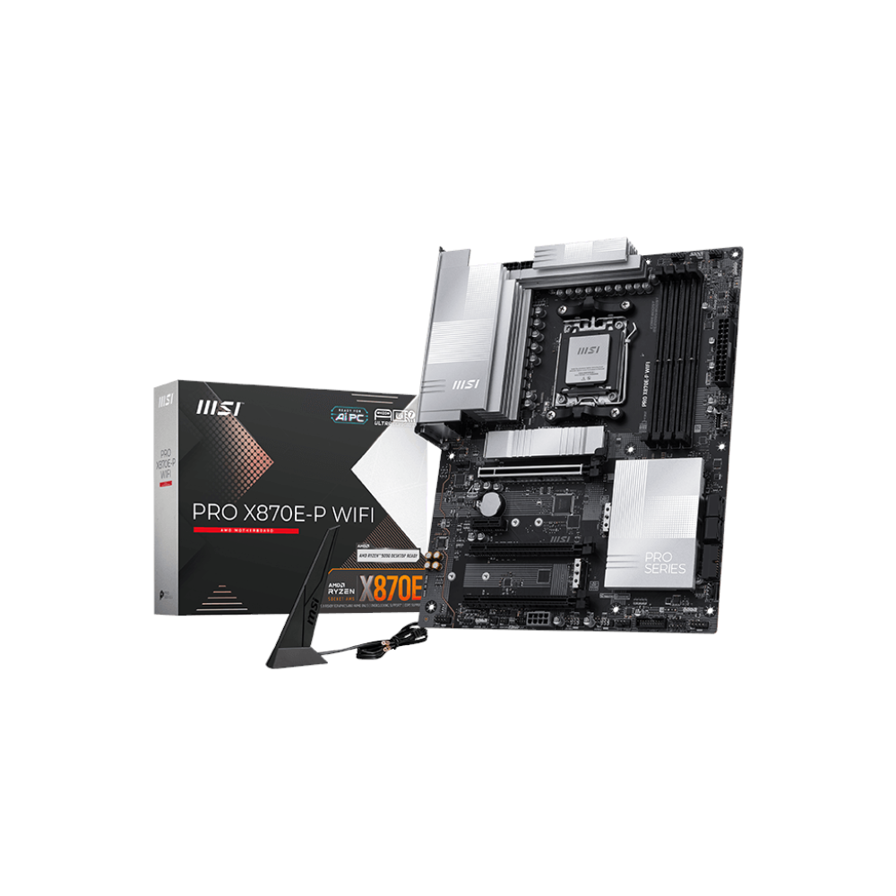 A large main feature product image of MSI PRO X870E-P WiFi AM5 ATX Desktop Motherboard