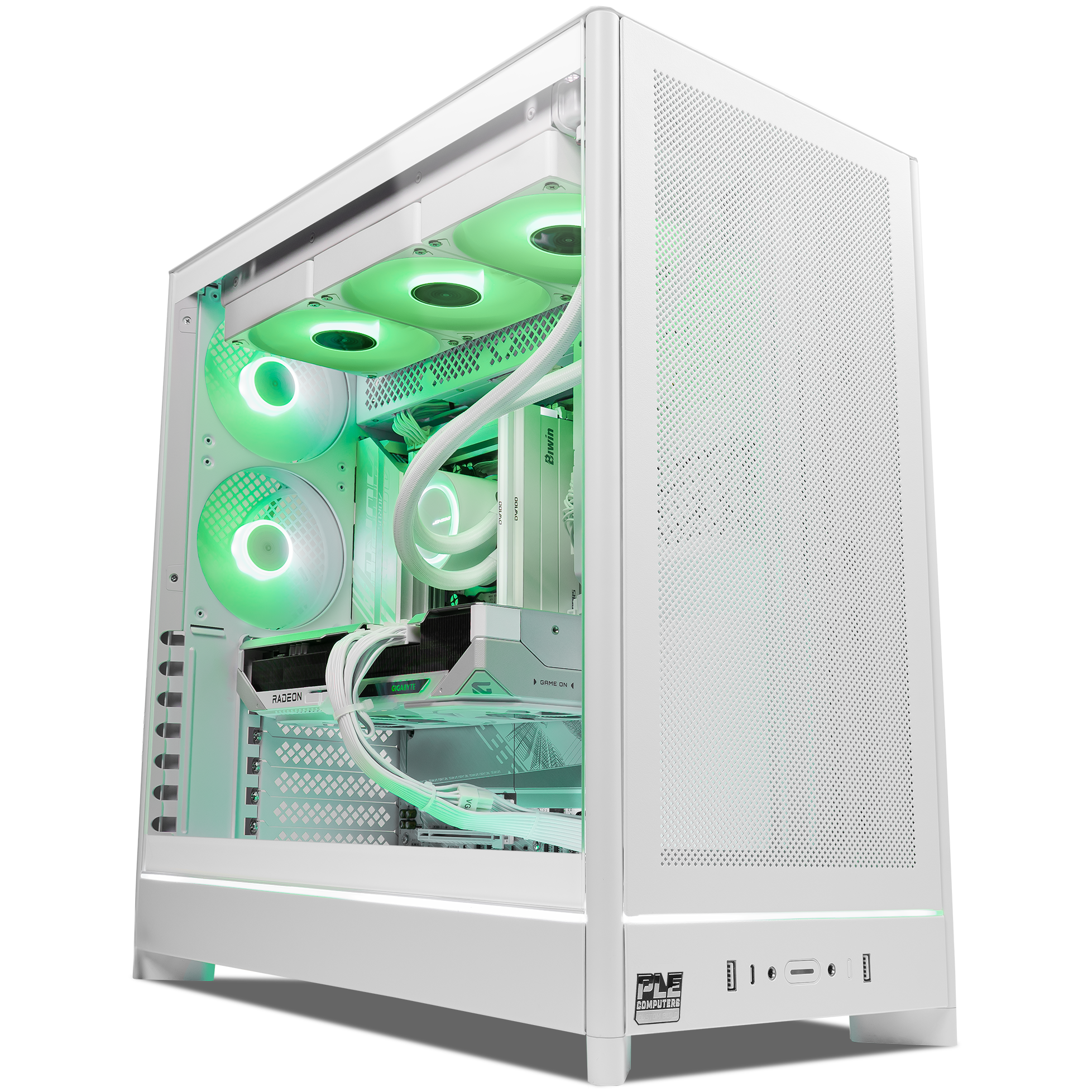 A large main feature product image of PLE Mint RX 9070 XT Prebuilt Ready To Go Gaming PC