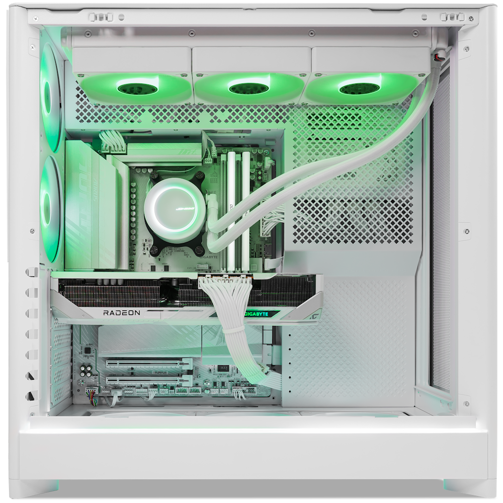 A large main feature product image of PLE Mint RX 9070 XT Prebuilt Ready To Go Gaming PC