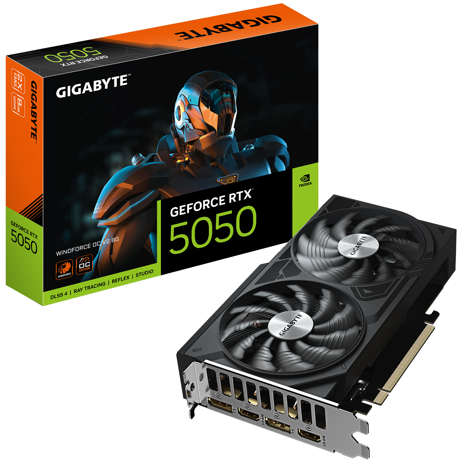 A large main feature product image of Gigabyte GeForce RTX 5050 Windforce OC V2 8GB GDDR6