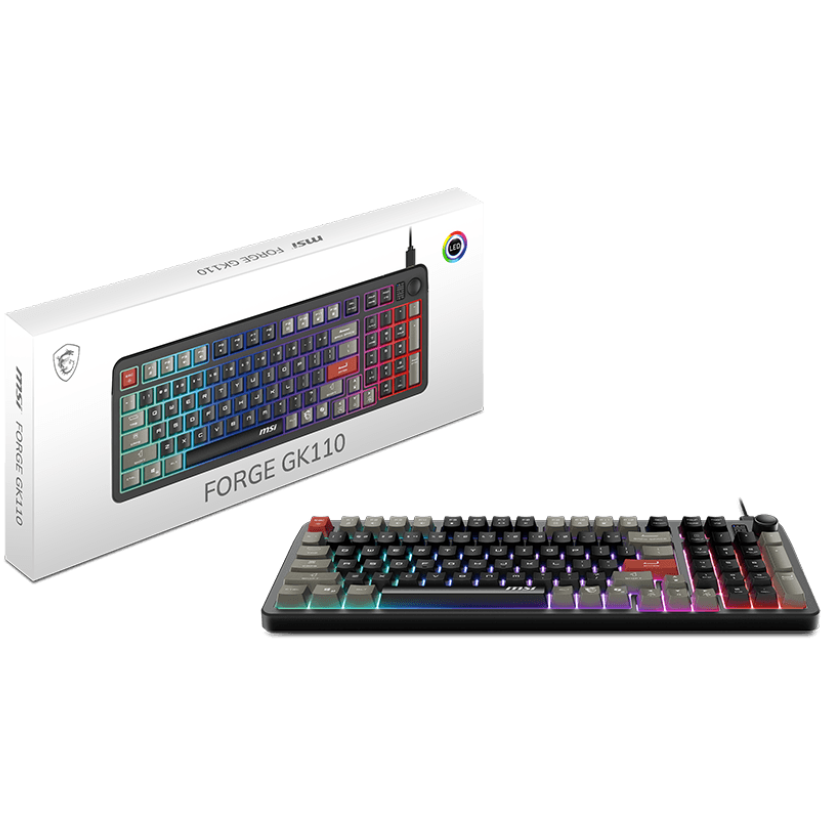 A large main feature product image of MSI Forge GK110 RGB Gaming Keyboard