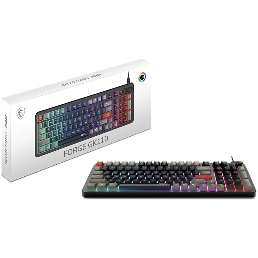 A large main feature product image of MSI Forge GK110 RGB Gaming Keyboard