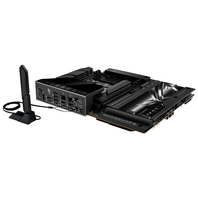 A large main feature product image of ASUS ROG Crosshair X870E Hero BTF AM5 ATX Desktop Motherboard