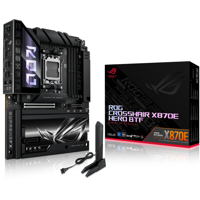 A large main feature product image of ASUS ROG Crosshair X870E Hero BTF AM5 ATX Desktop Motherboard