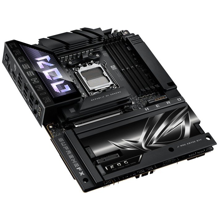 A large main feature product image of ASUS ROG Crosshair X870E Hero BTF AM5 ATX Desktop Motherboard