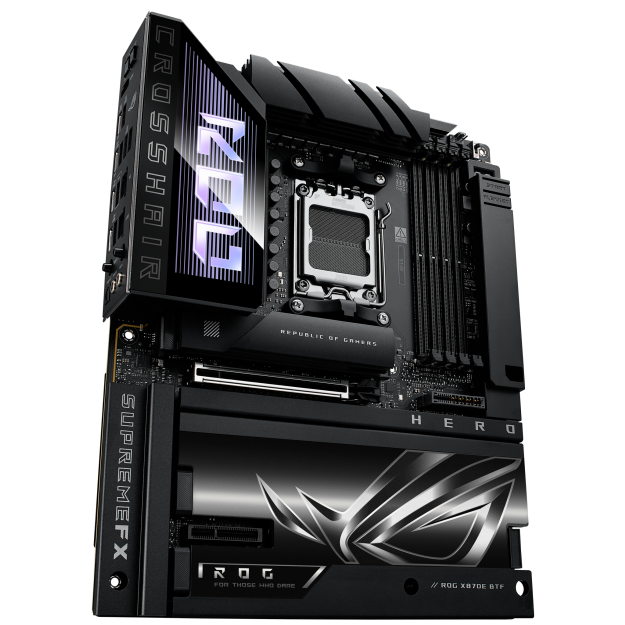 A large main feature product image of ASUS ROG Crosshair X870E Hero BTF AM5 ATX Desktop Motherboard