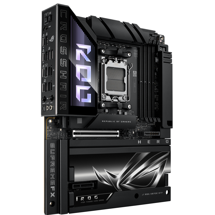 A large main feature product image of ASUS ROG Crosshair X870E Hero BTF AM5 ATX Desktop Motherboard