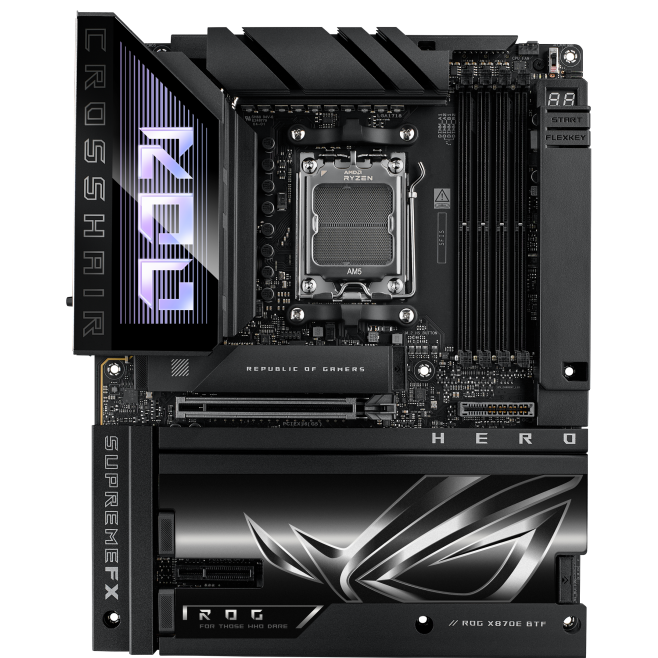 A large main feature product image of ASUS ROG Crosshair X870E Hero BTF AM5 ATX Desktop Motherboard
