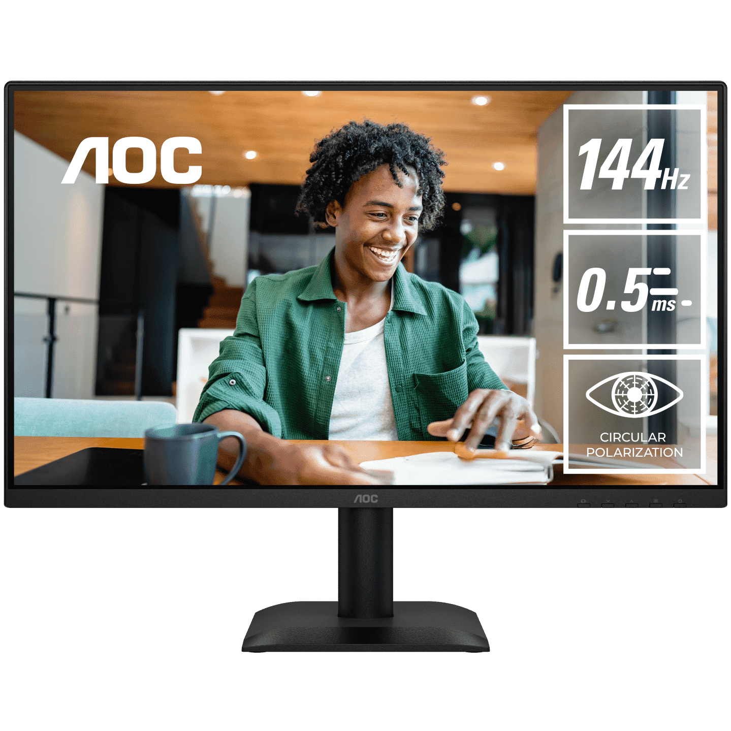 A large main feature product image of AOC 24E40L - 24" 1080p 144Hz IPS Circular Polarization Monitor