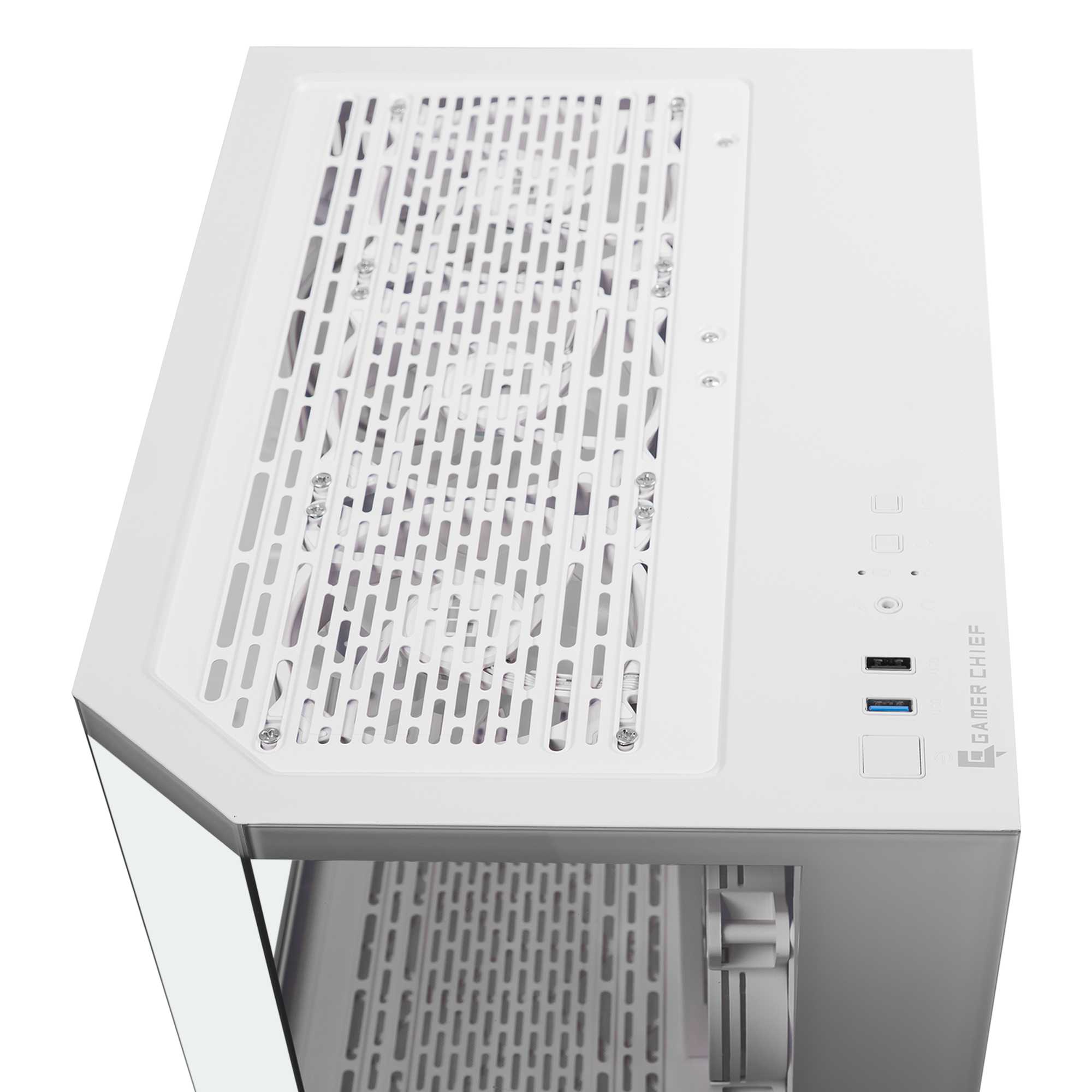 A large main feature product image of EX-DEMO GamerChief GlassView GV10 - White