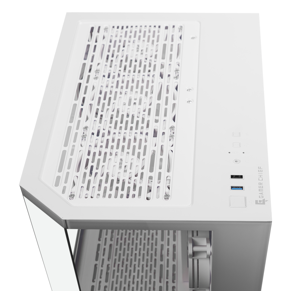 A large main feature product image of EX-DEMO GamerChief GlassView GV10 - White