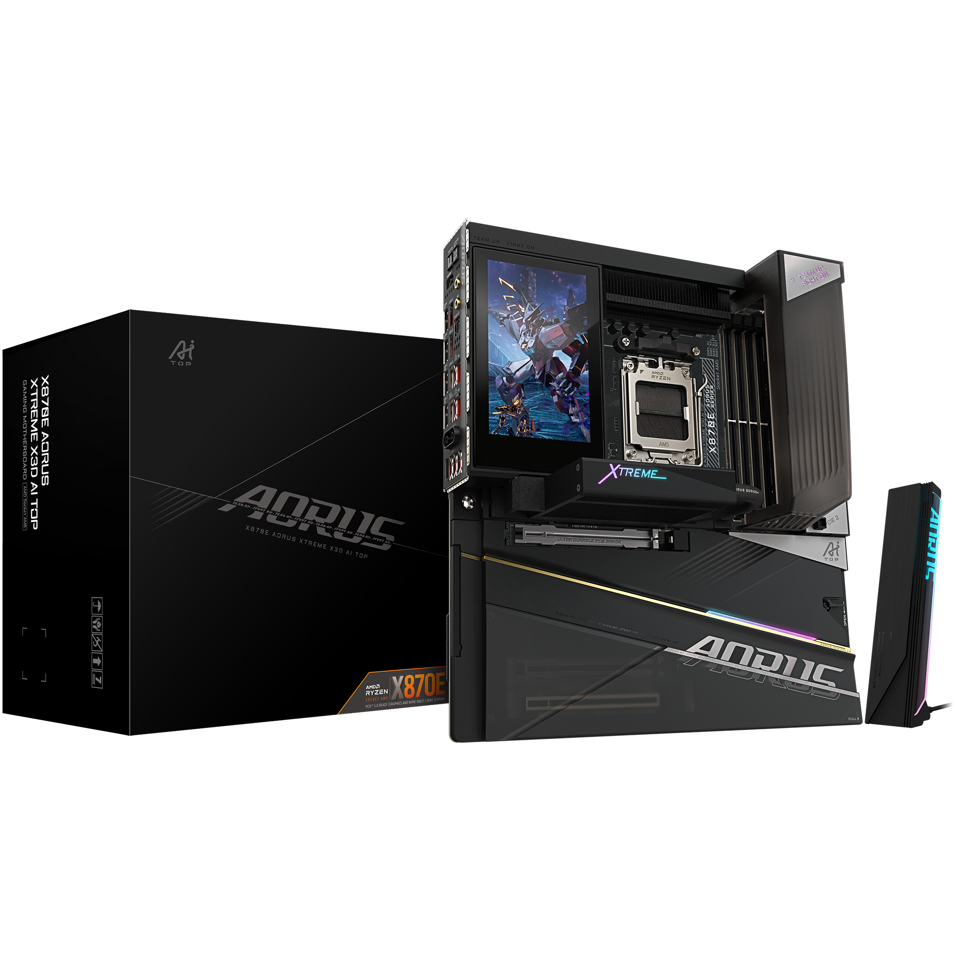 A large main feature product image of GIgabyte X870E Aorus Xtreme X3D AI TOP AM5 EATX Desktop Motherboard