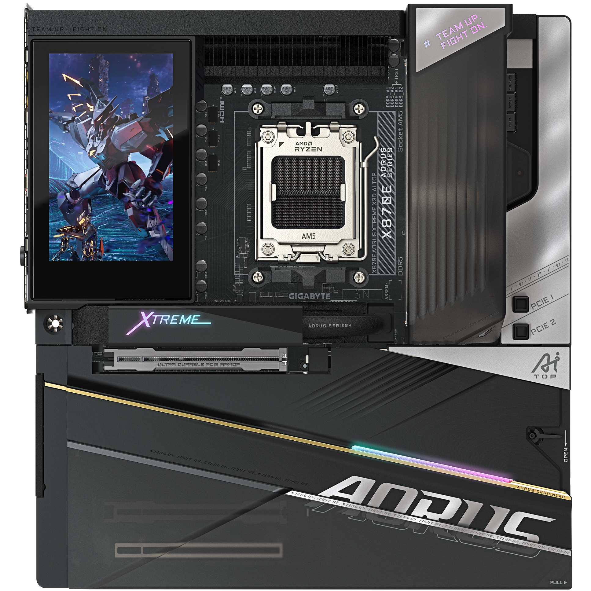 A large main feature product image of GIgabyte X870E Aorus Xtreme X3D AI TOP AM5 EATX Desktop Motherboard
