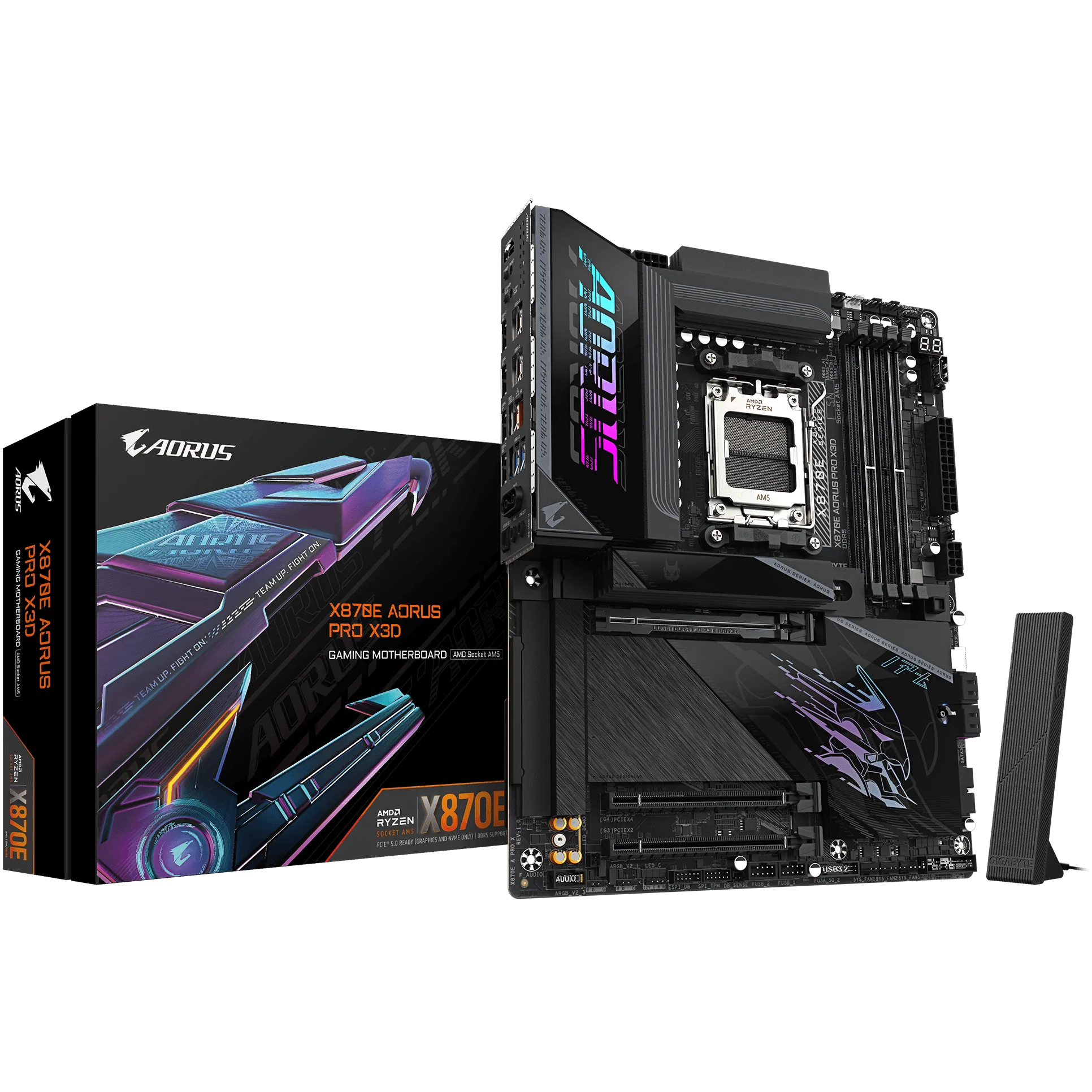 A large main feature product image of Gigabyte X870E Aorus Pro X3D AM5 ATX Desktop Motherboard