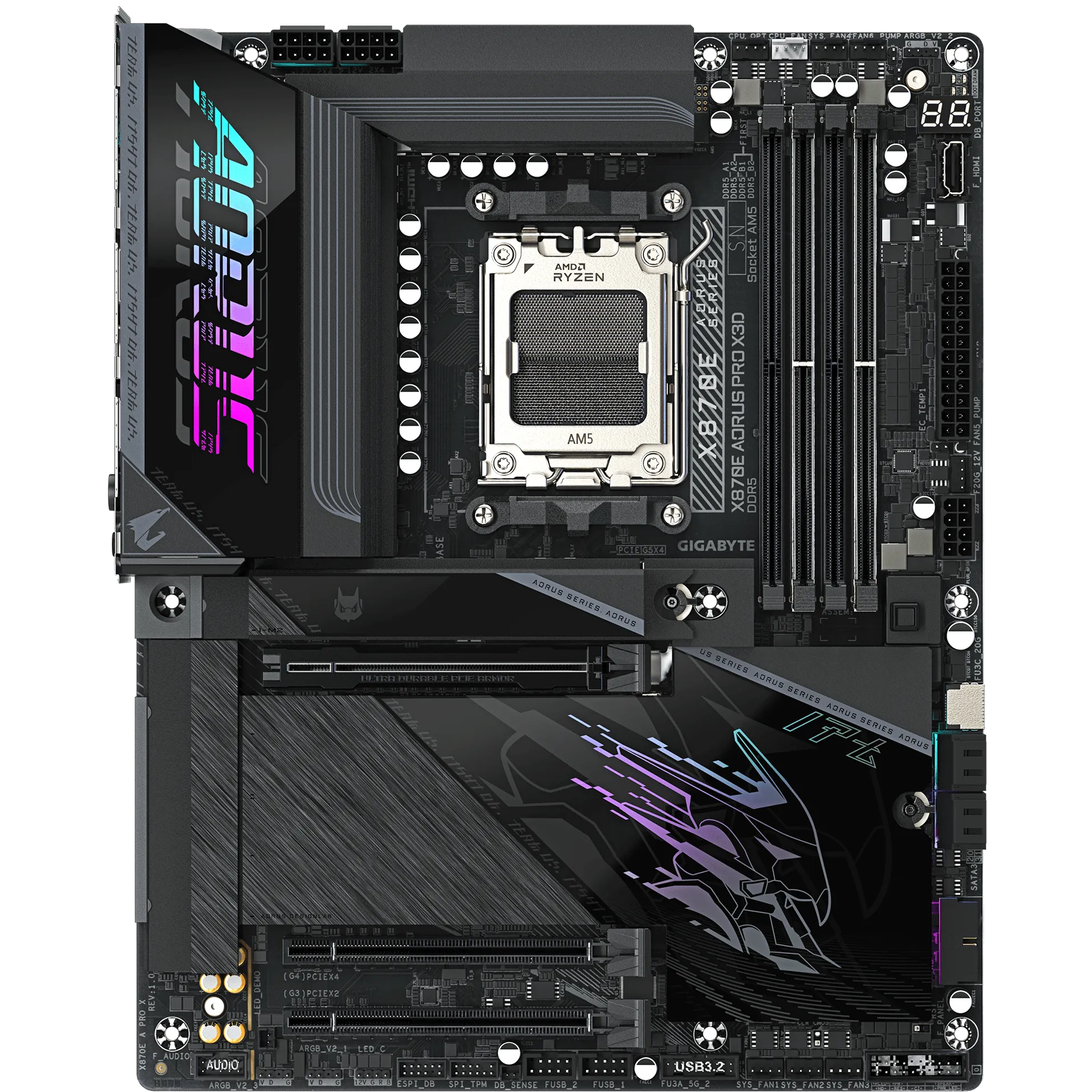 A large main feature product image of Gigabyte X870E Aorus Pro X3D AM5 ATX Desktop Motherboard