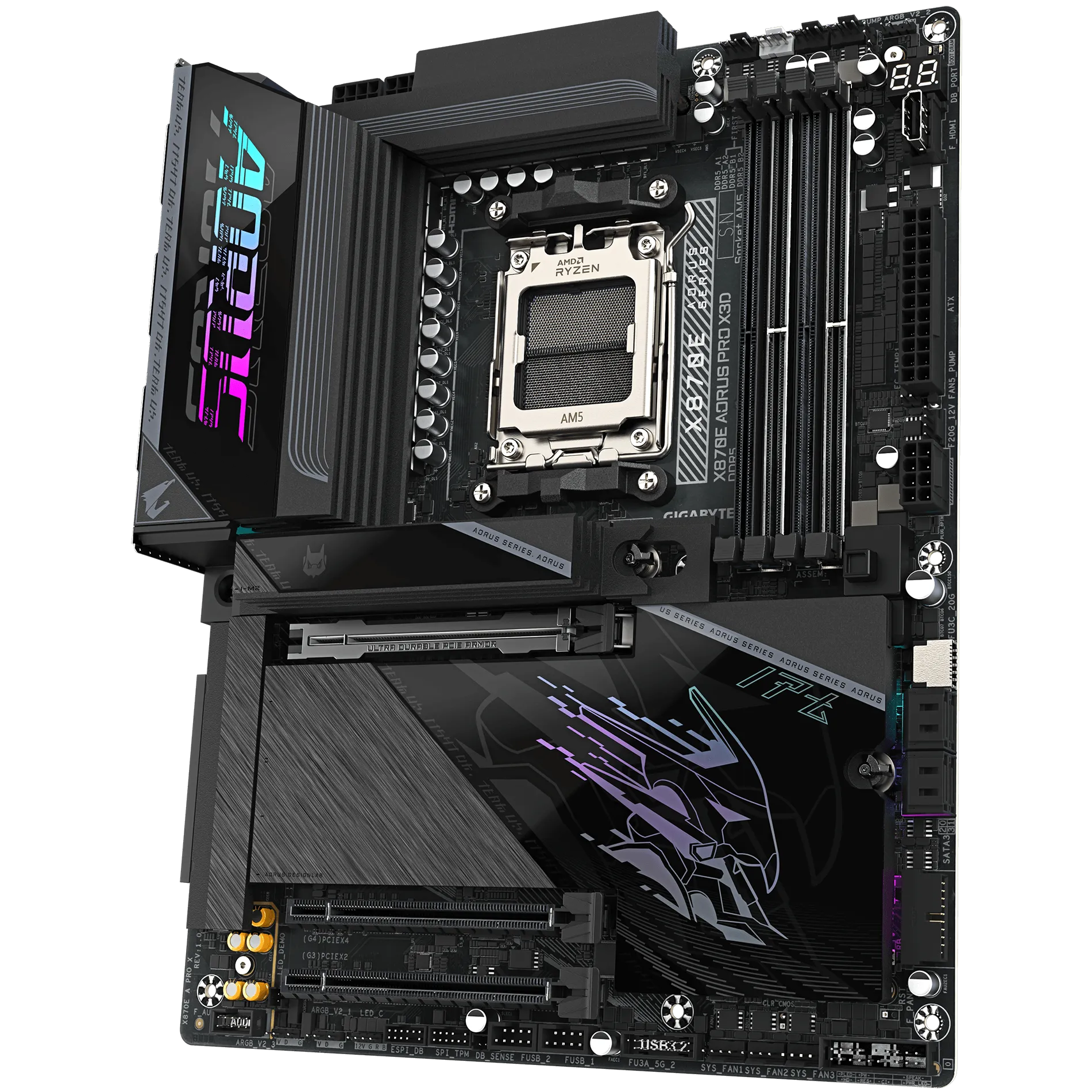 A large main feature product image of Gigabyte X870E Aorus Pro X3D AM5 ATX Desktop Motherboard
