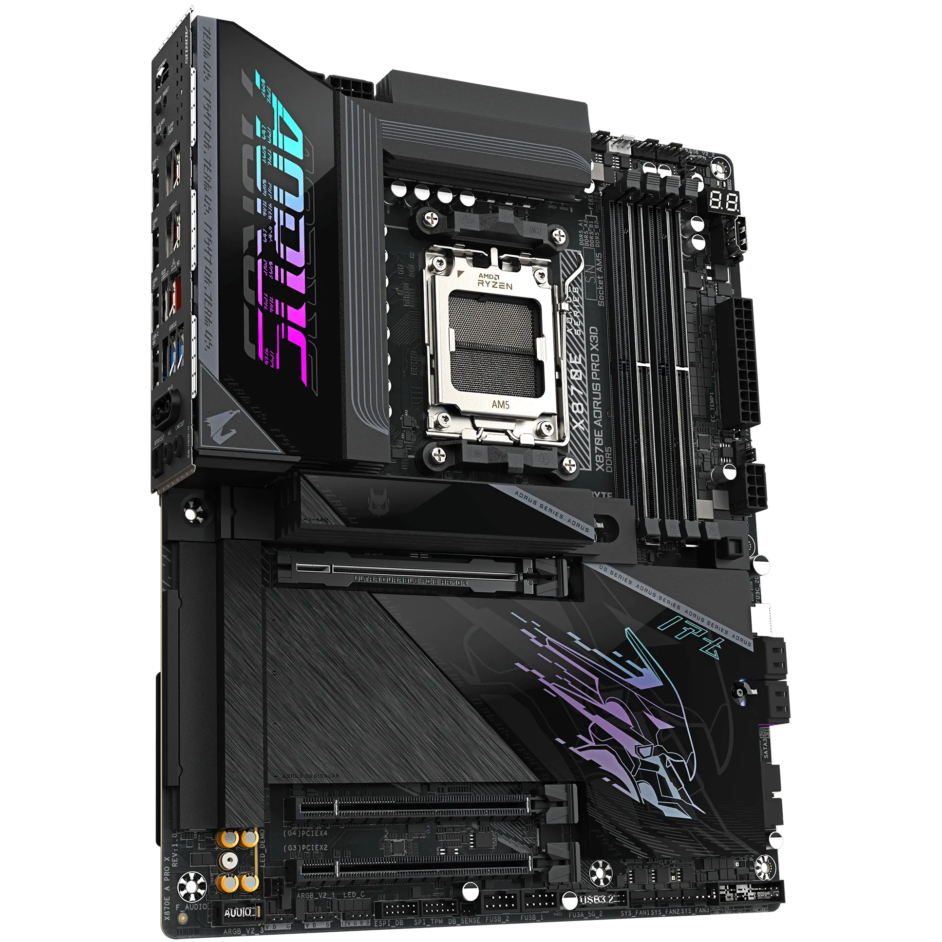 A large main feature product image of Gigabyte X870E Aorus Pro X3D AM5 ATX Desktop Motherboard