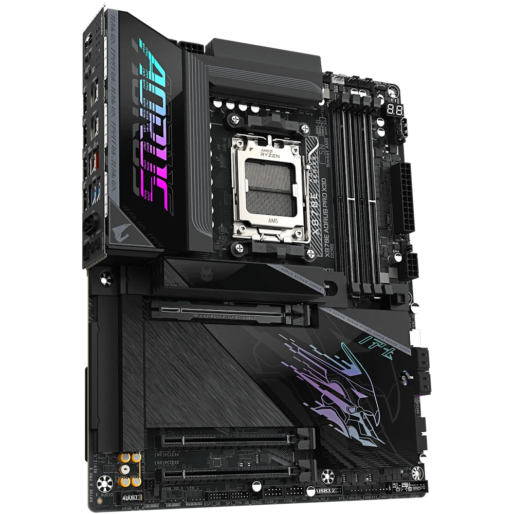A large main feature product image of Gigabyte X870E AORUS PRO X3D AM5 ATX Desktop Motherboard