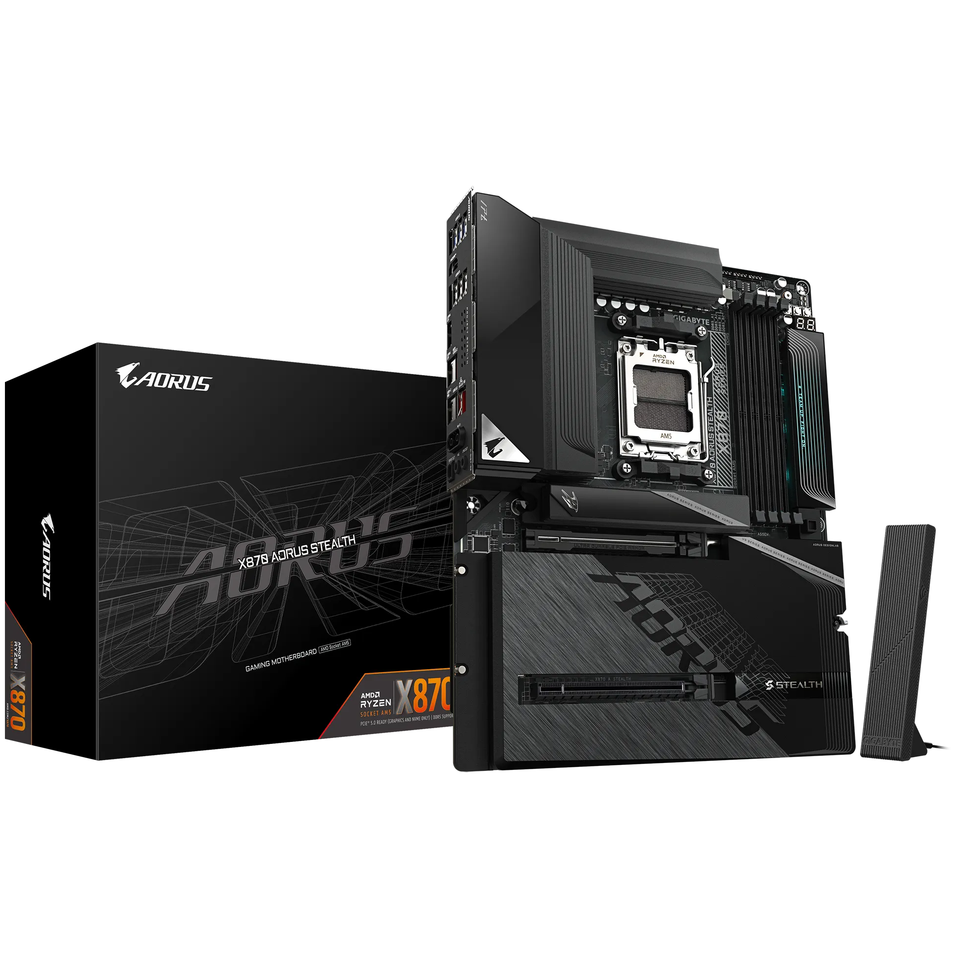 A large main feature product image of Gigabyte X870 Aorus Stealth AM5 ATX Desktop Motherboard