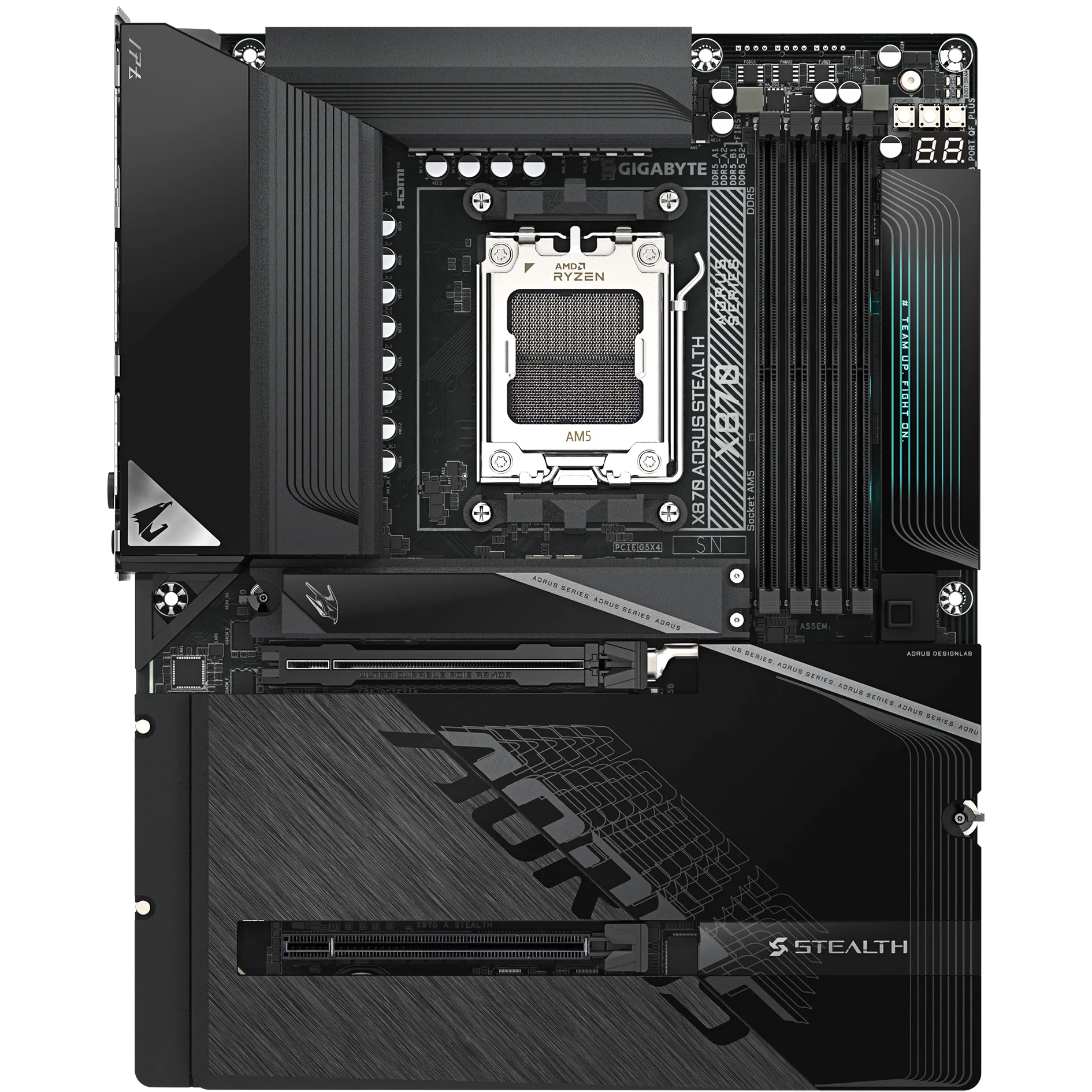 A large main feature product image of Gigabyte X870 Aorus Stealth AM5 ATX Desktop Motherboard