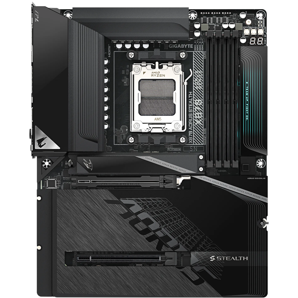 A large main feature product image of Gigabyte X870 Aorus STEALTH AM5 ATX Reverse Connector Desktop Motherboard