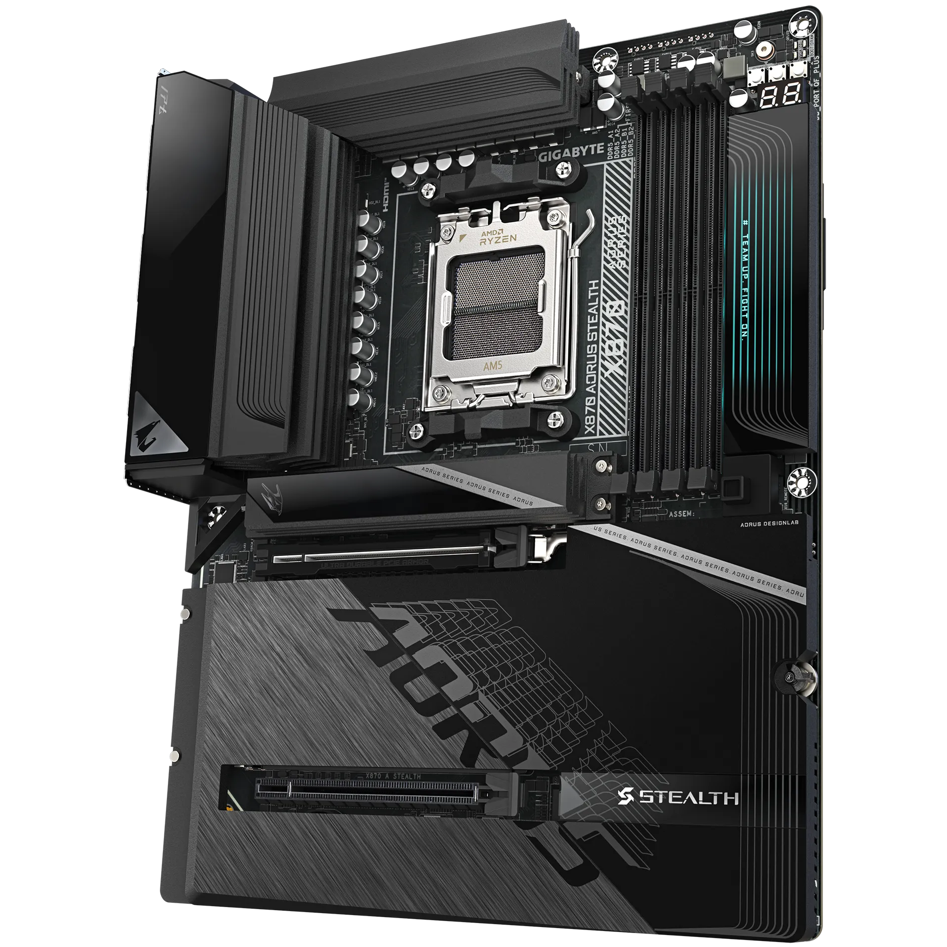 A large main feature product image of Gigabyte X870 Aorus Stealth AM5 ATX Desktop Motherboard
