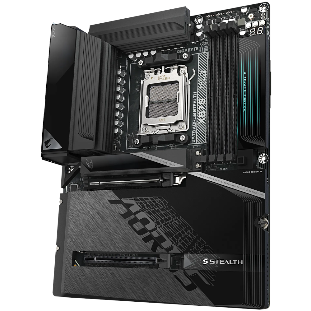 A large main feature product image of Gigabyte X870 Aorus STEALTH AM5 ATX Reverse Connector Desktop Motherboard