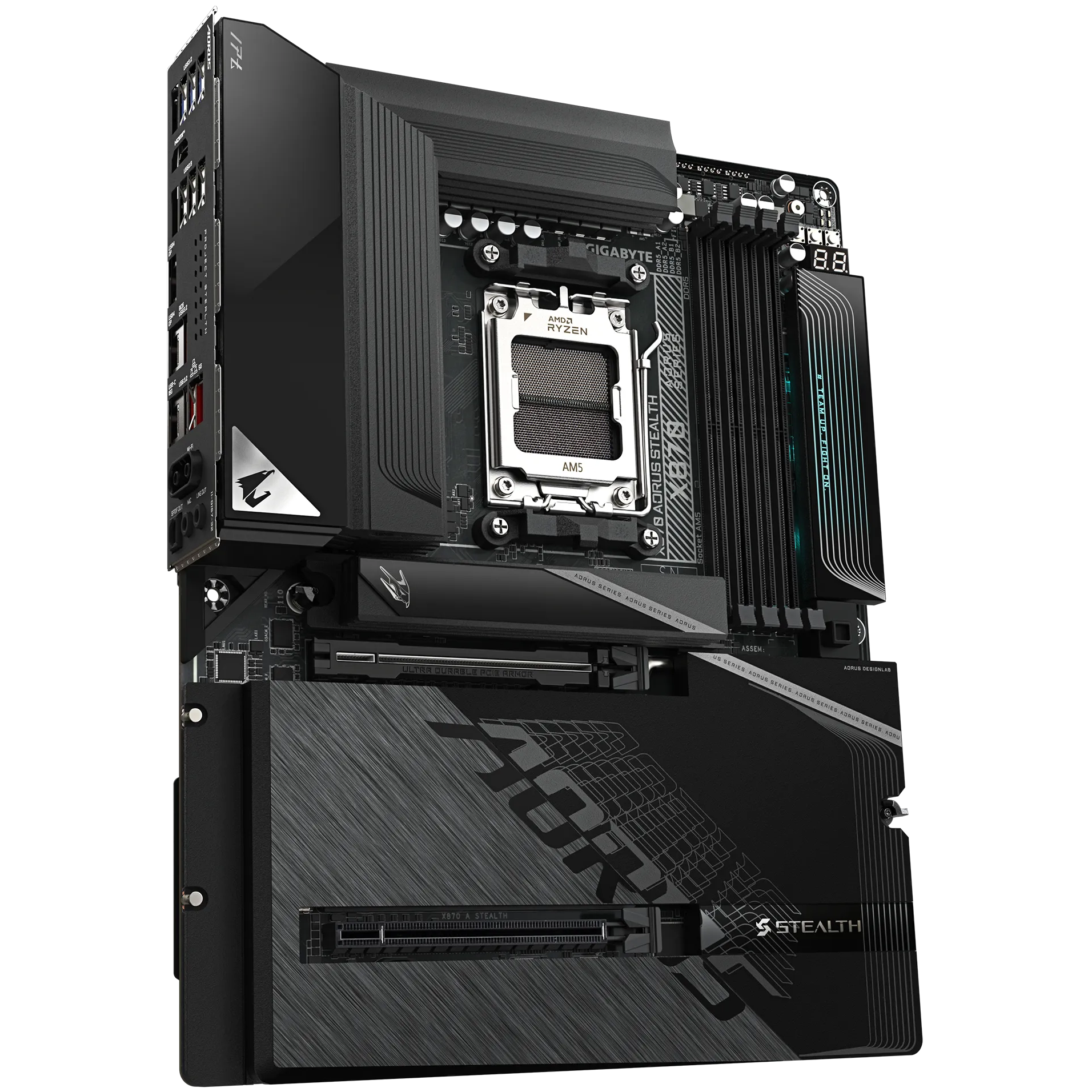 A large main feature product image of Gigabyte X870 Aorus Stealth AM5 ATX Desktop Motherboard