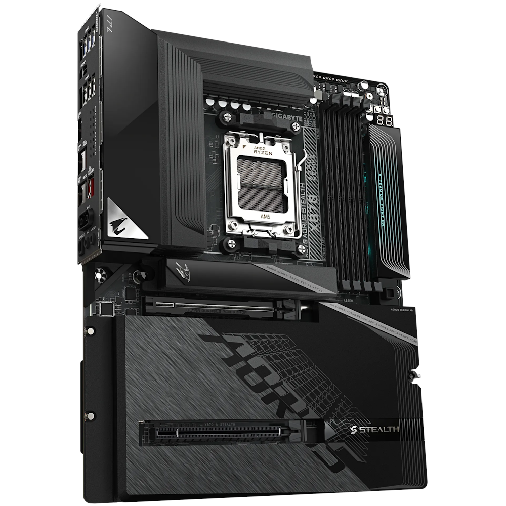 A large main feature product image of Gigabyte X870 Aorus STEALTH AM5 ATX Reverse Connector Desktop Motherboard