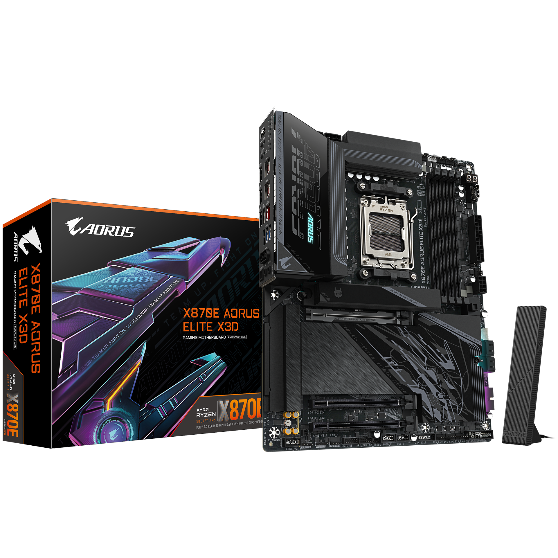 A large main feature product image of Gigabyte X870E Aorus Elite X3D AM5 ATX Desktop Motherboard