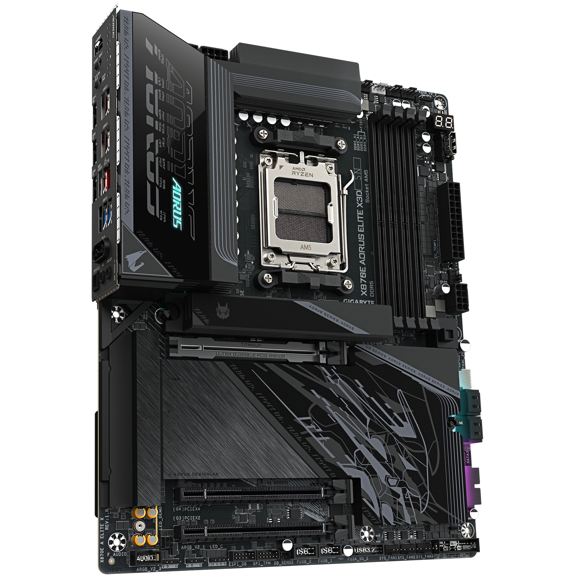 A large main feature product image of Gigabyte X870E Aorus Elite X3D AM5 ATX Desktop Motherboard