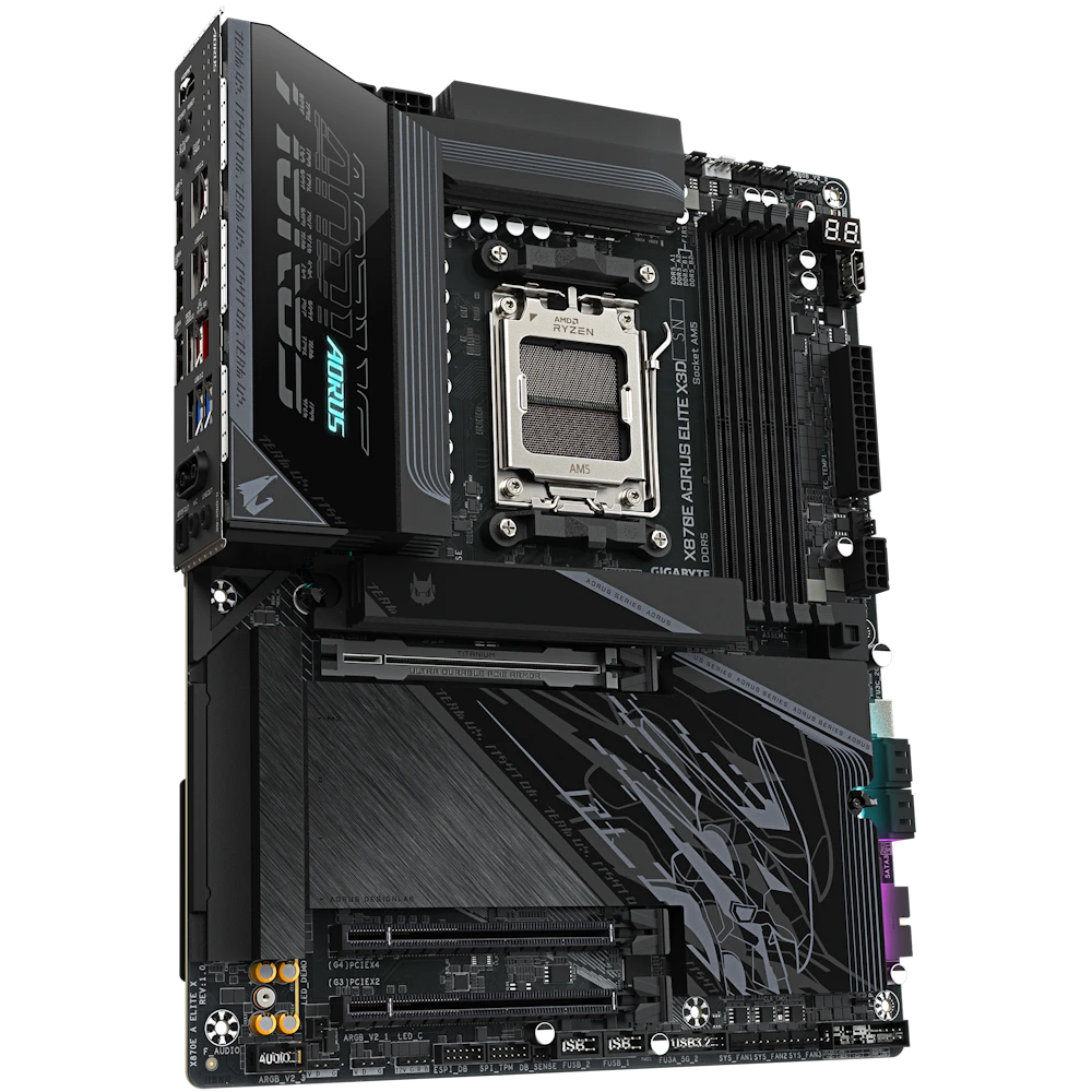 A large main feature product image of Gigabyte X870E AORUS ELITE X3D AM5 ATX Desktop Motherboard