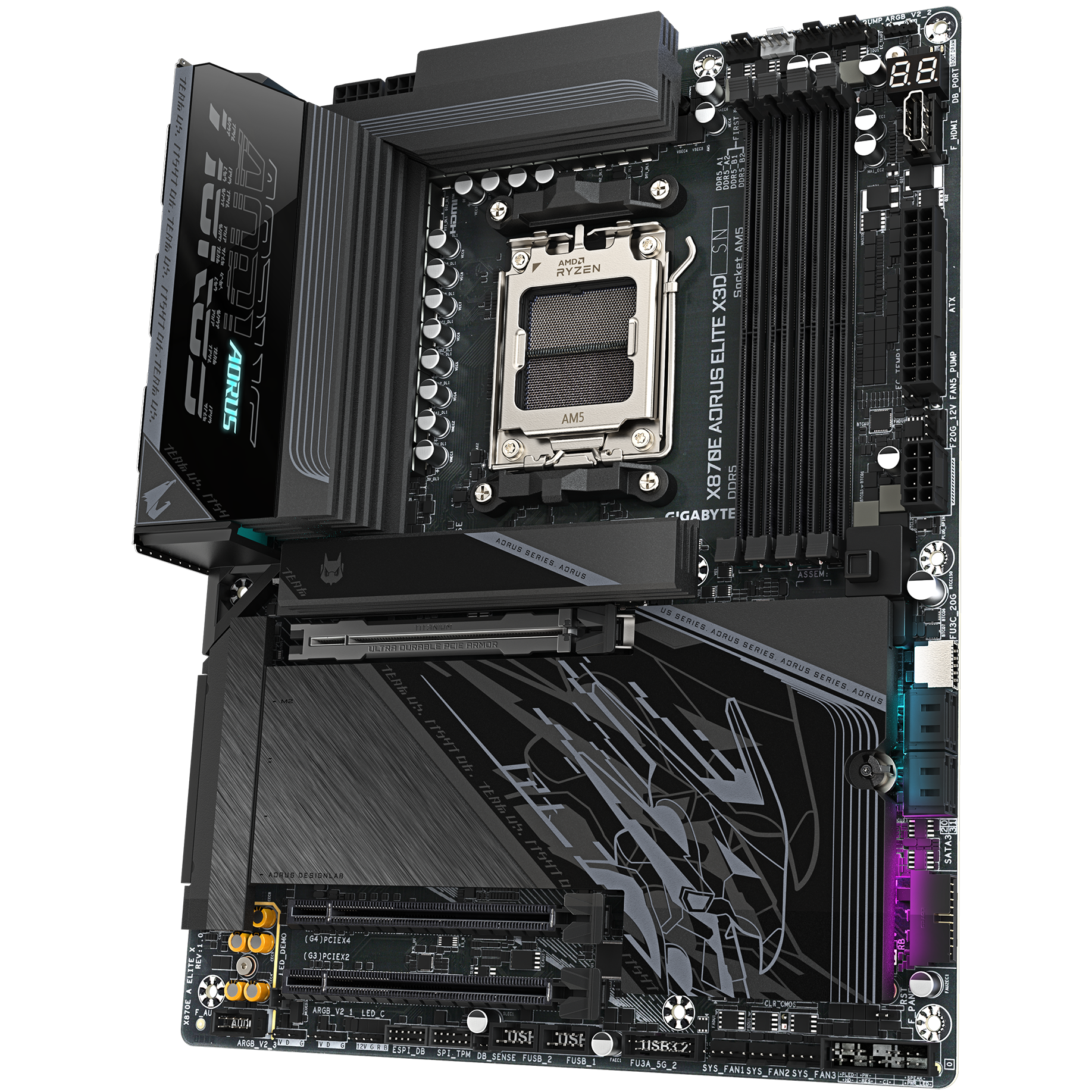 A large main feature product image of Gigabyte X870E Aorus Elite X3D AM5 ATX Desktop Motherboard