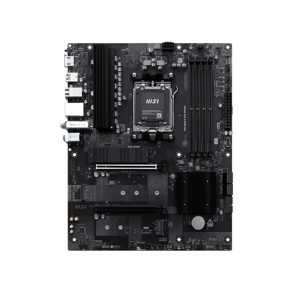 A large main feature product image of MSI PRO B840-S EVO WiFi6E AM5 ATX Desktop Motherboard