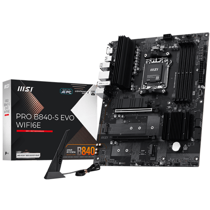A large main feature product image of MSI PRO B840-S EVO WiFi6E AM5 ATX Desktop Motherboard