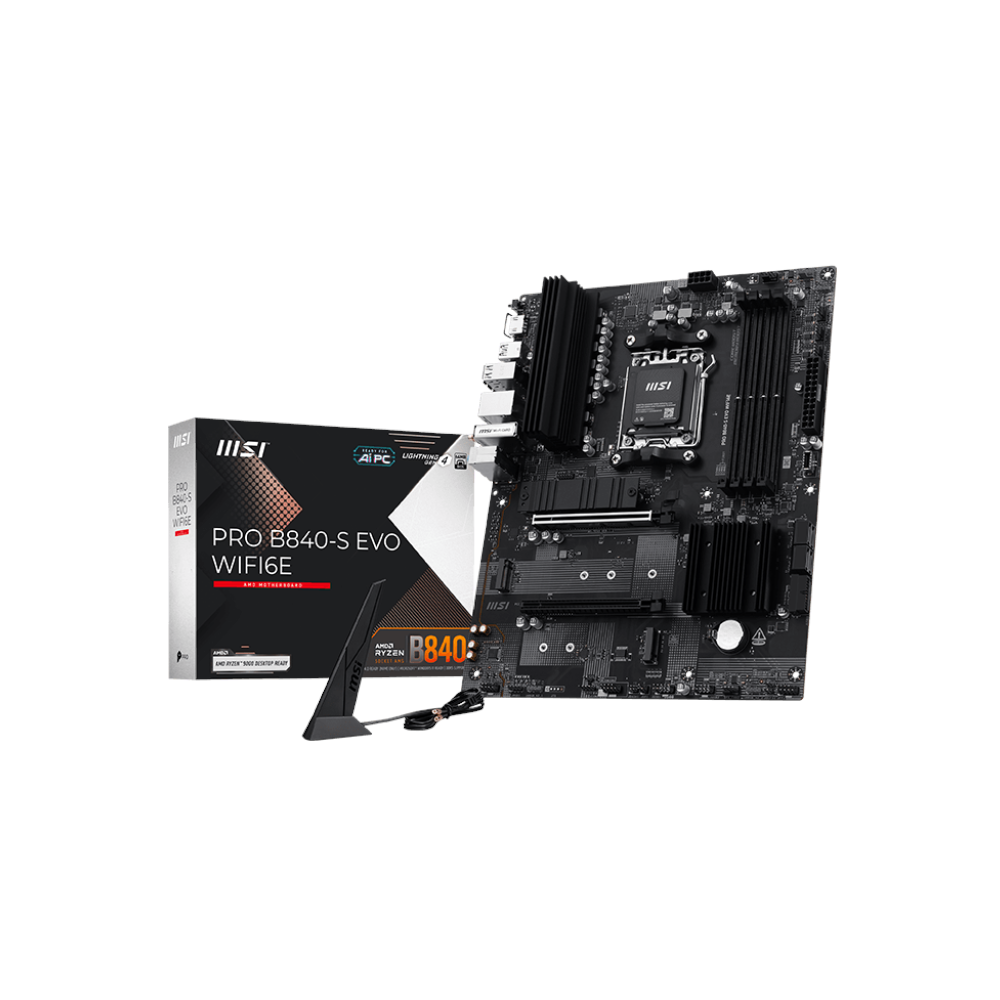 A large main feature product image of MSI PRO B840-S EVO WiFi6E AM5 ATX Desktop Motherboard