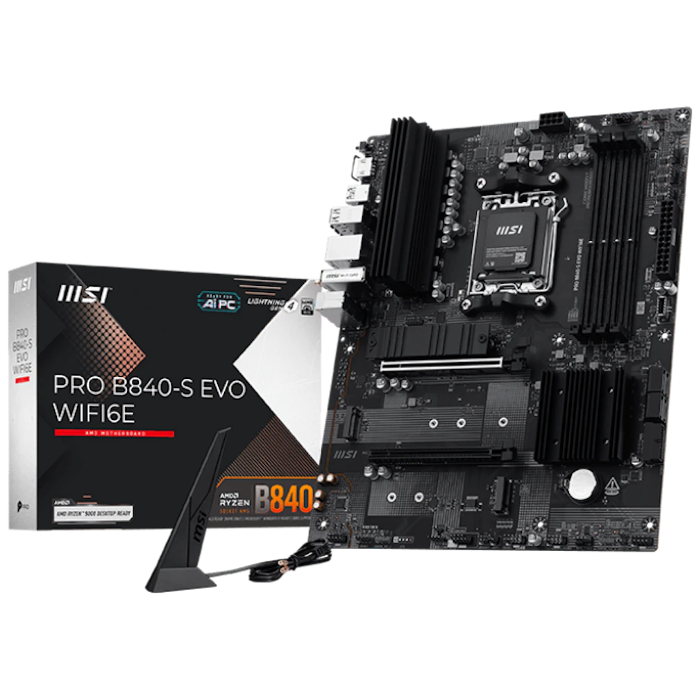A large main feature product image of MSI PRO B840-S EVO WiFi6E AM5 ATX Desktop Motherboard
