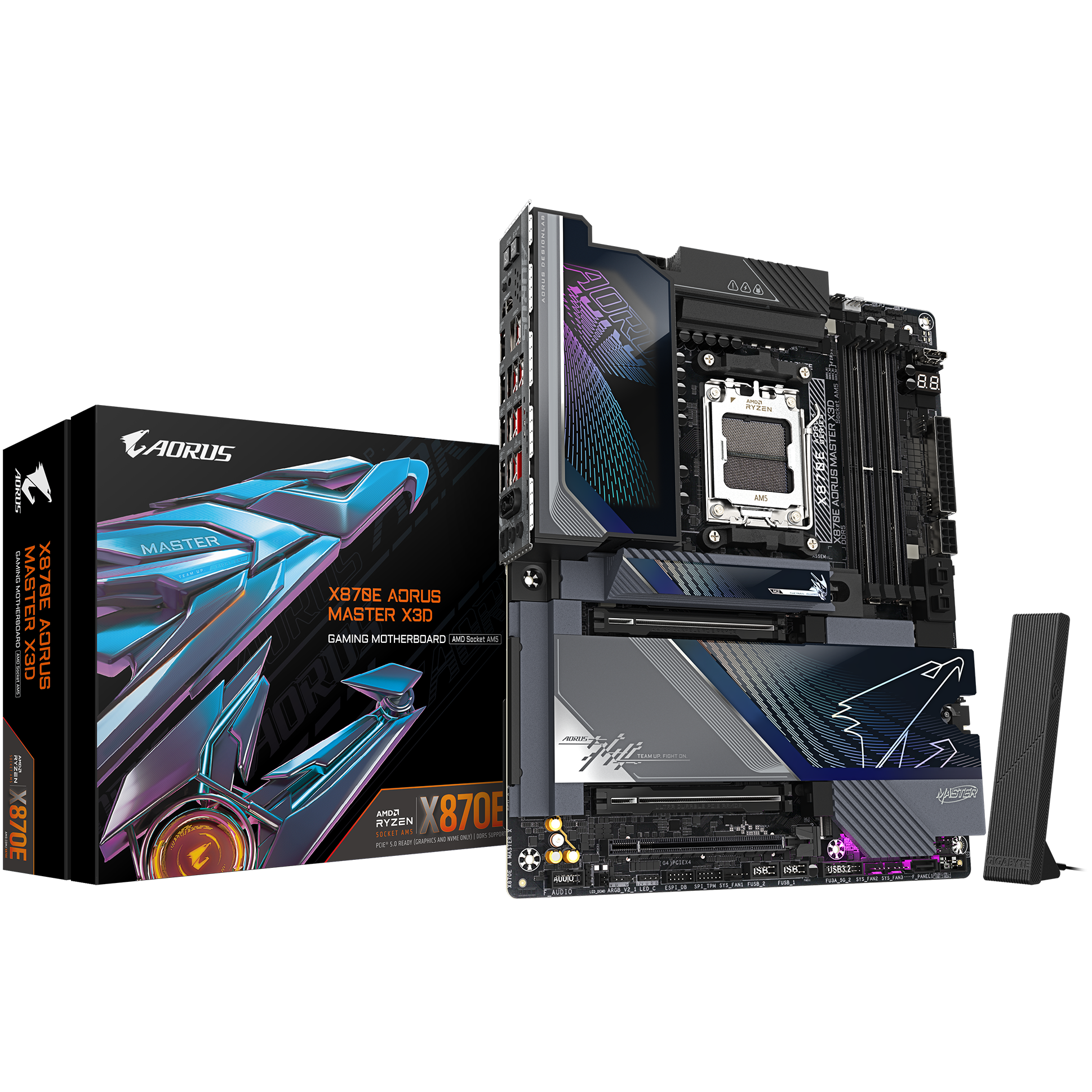 A large main feature product image of Gigabyte X870E Aorus Master X3D AM5 ATX Desktop Motherboard