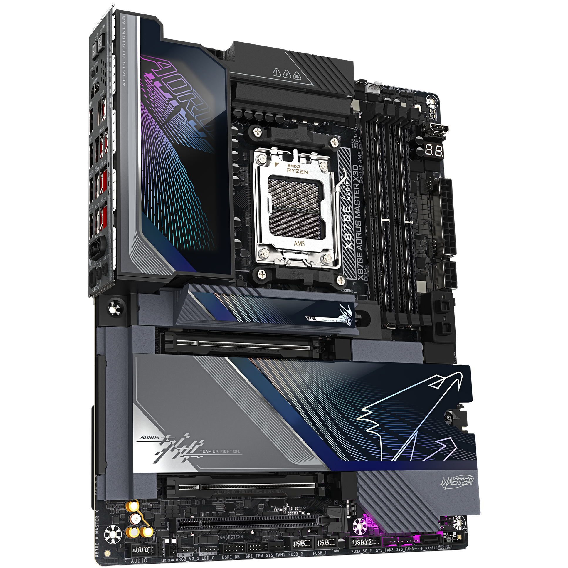 A large main feature product image of Gigabyte X870E Aorus Master X3D AM5 ATX Desktop Motherboard