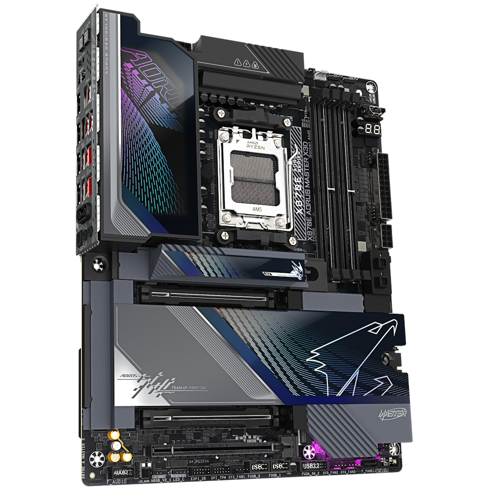 A large main feature product image of Gigabyte X870E Aorus Master X3D AM5 ATX Desktop Motherboard