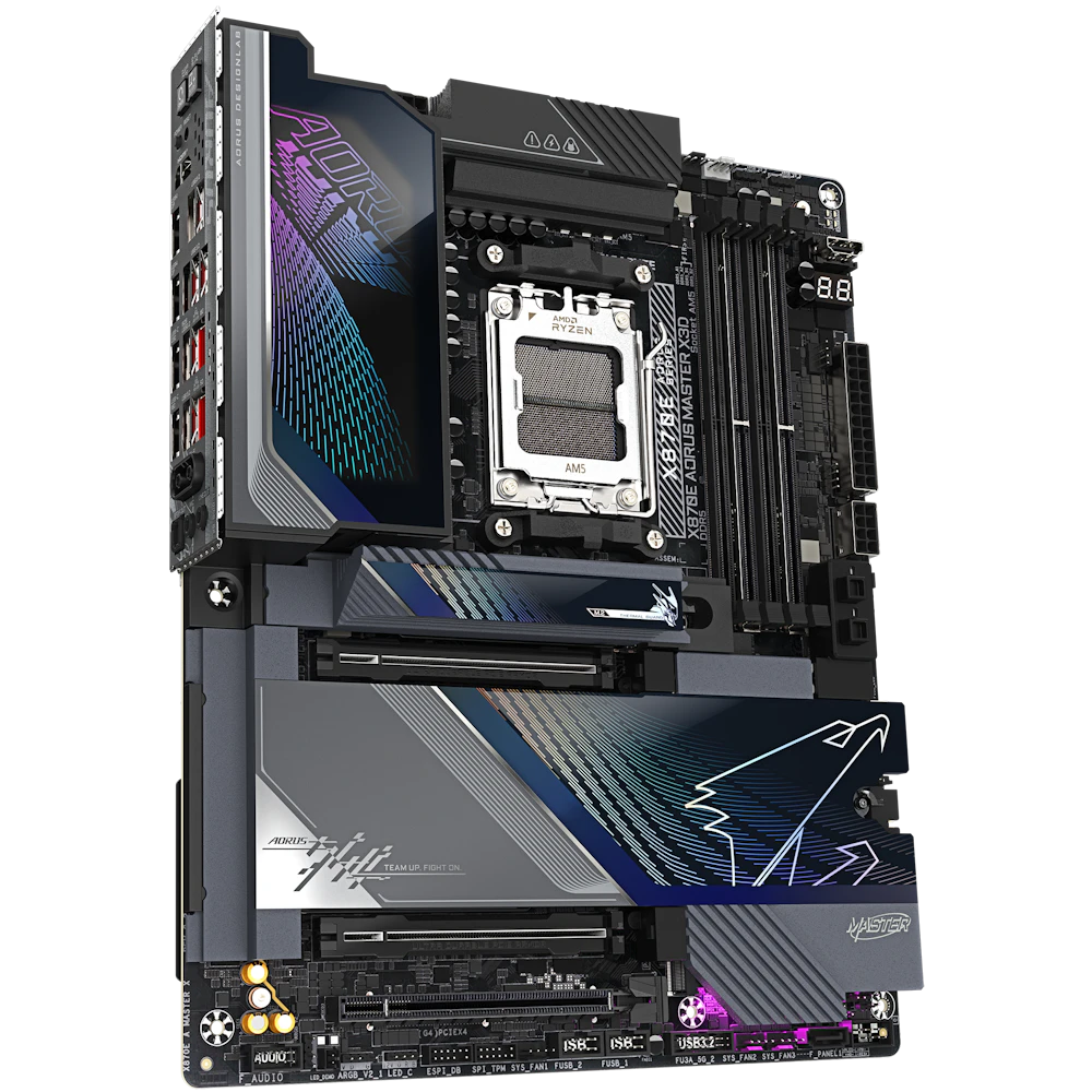 A large main feature product image of Gigabyte X870E AORUS MASTER X3D AM5 ATX Desktop Motherboard