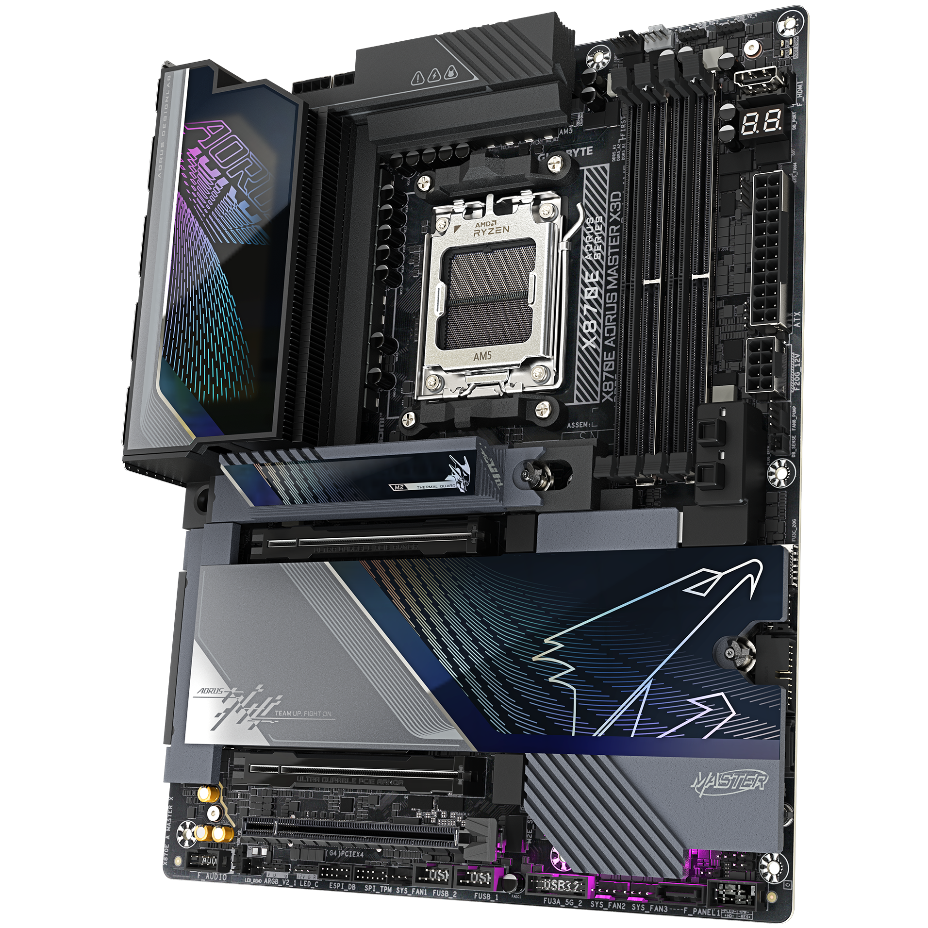 A large main feature product image of Gigabyte X870E Aorus Master X3D AM5 ATX Desktop Motherboard