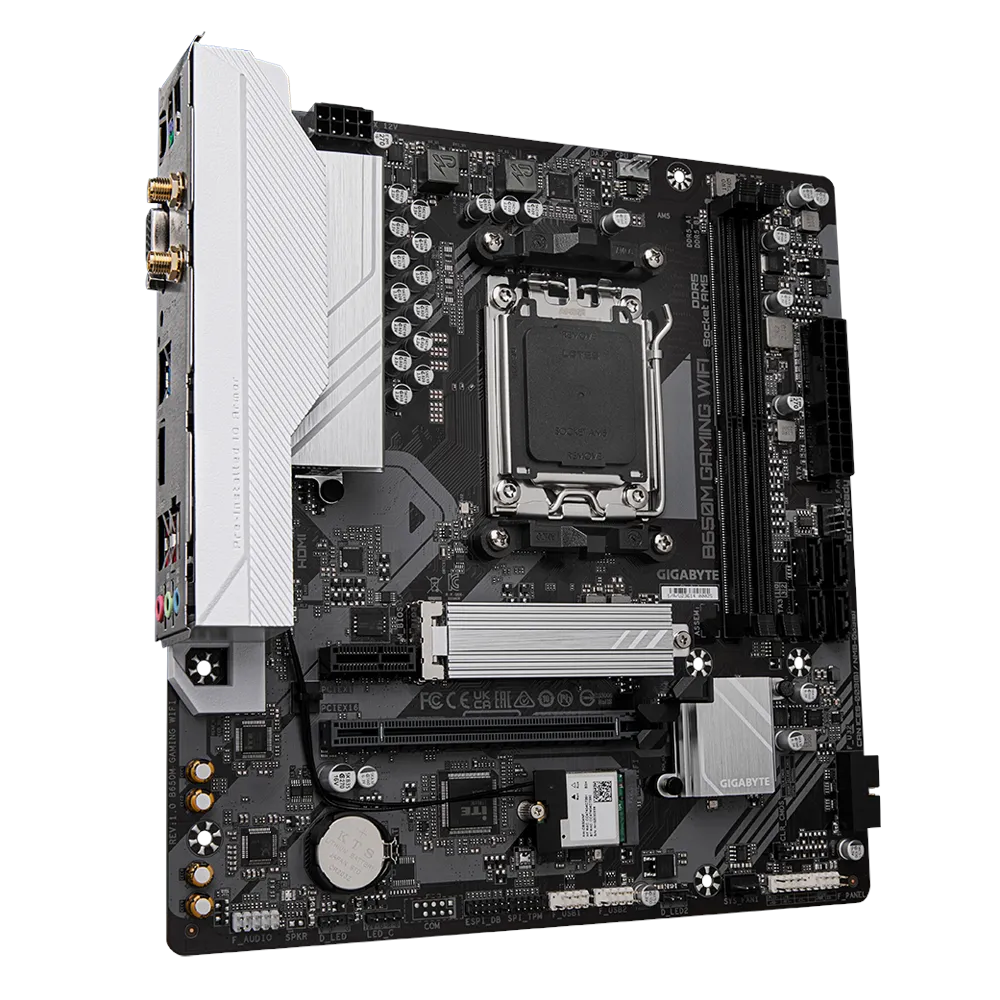 A large main feature product image of EX-DEMO Gigabyte B650M Gaming WiFi AM5 mATX Desktop Motherboard