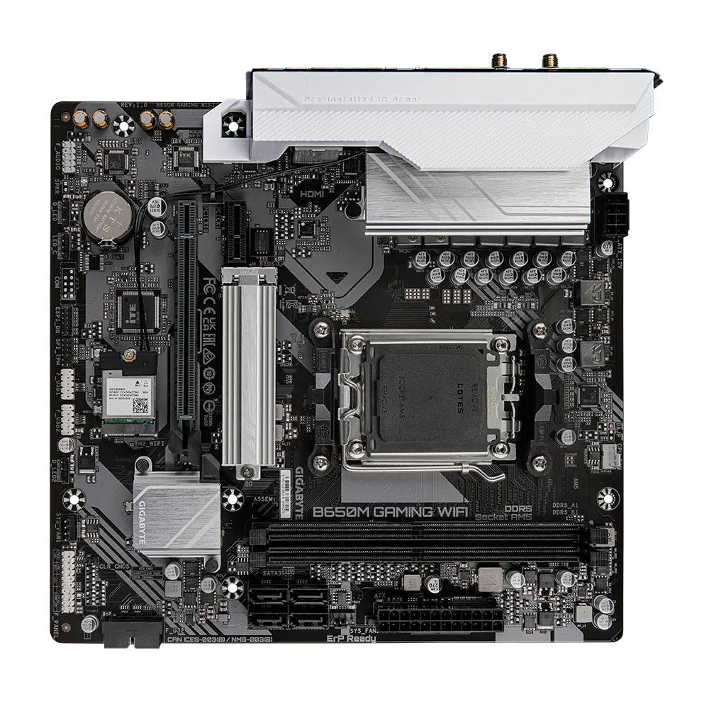 A large main feature product image of EX-DEMO Gigabyte B650M Gaming WiFi AM5 mATX Desktop Motherboard