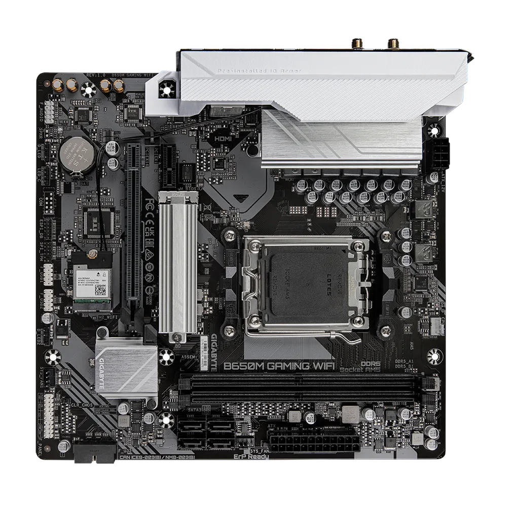 A large main feature product image of EX-DEMO Gigabyte B650M Gaming WiFi AM5 mATX Desktop Motherboard