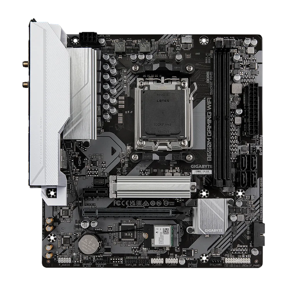 A large main feature product image of EX-DEMO Gigabyte B650M Gaming WiFi AM5 mATX Desktop Motherboard